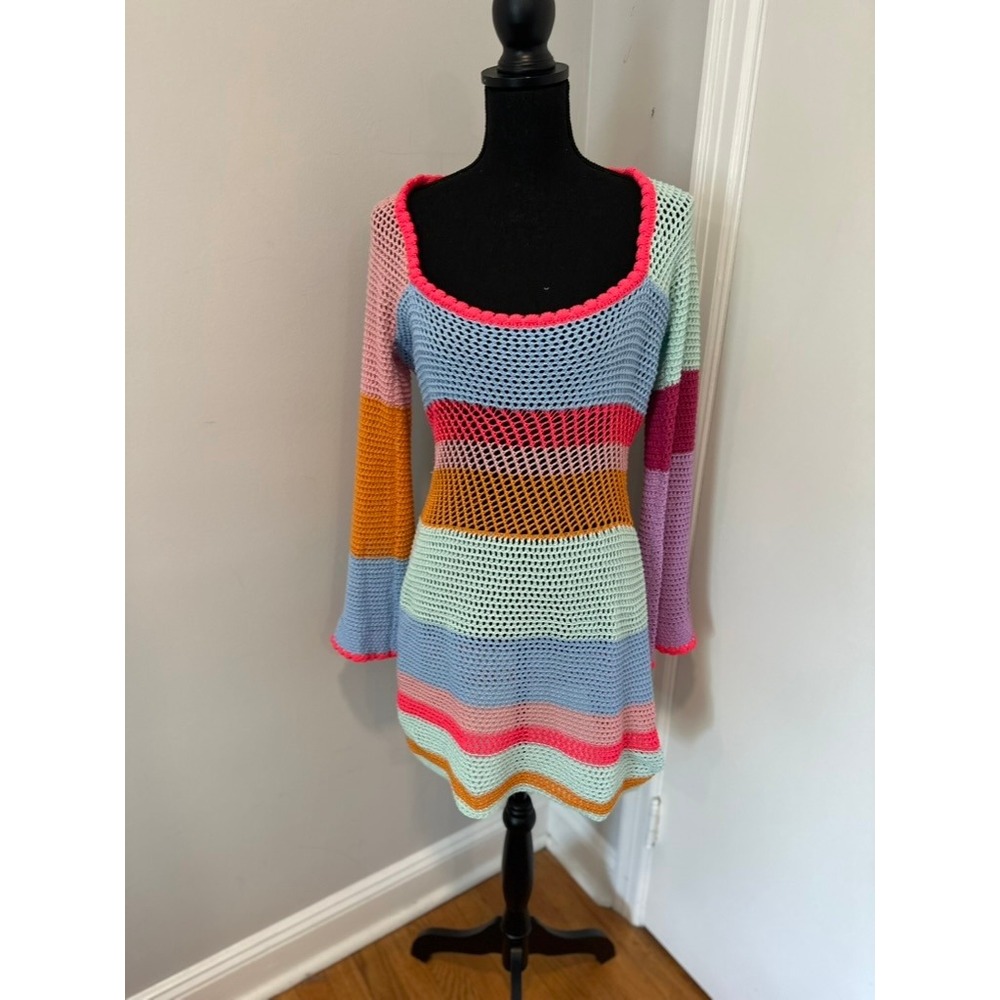 NWOT Bright colorful Y2K Boho Crochet Knit Mini Dress SzM Multi Striped Festival